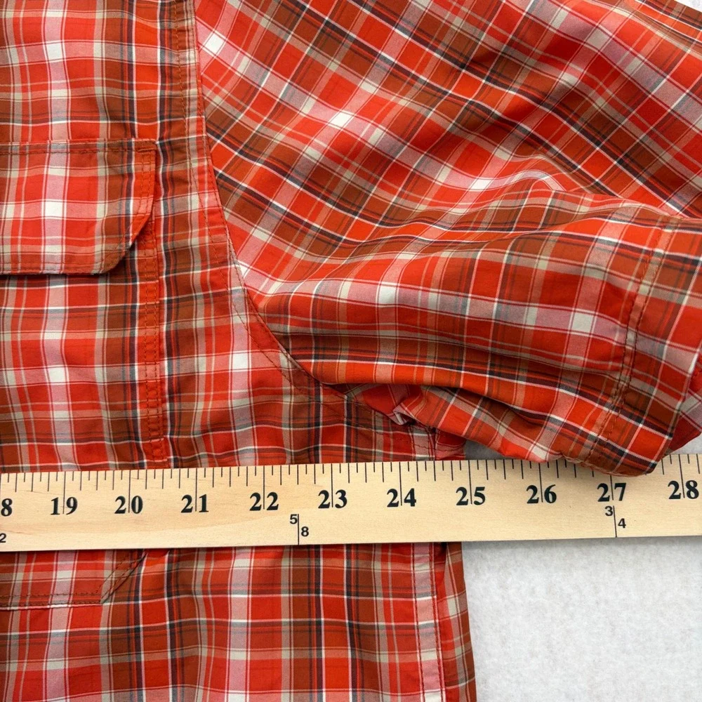 The North Face Mens XL Orange Plaid Short Sleeve Hiking Button Down Mesh Back